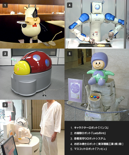 キャラクターロボット「バンコ」・お掃除ロボット「LadyBird」・患者見守りロボットシステム・お好み焼きロボット[東洋理機工業(株)殿]・マスコットロボット「フッピィ」